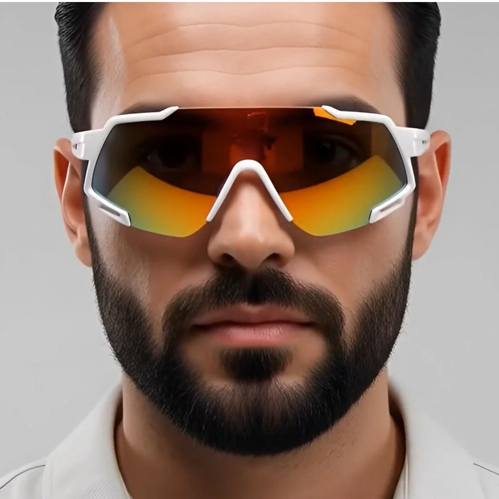 Men Sports Sunglasses White Fire Red Mirror Lens Outdoor Driving Golfing Fishing